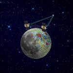 Umělecká představa sond GRAIL nad povrchem Měsíce (sonda a Měsíc nejsou ve stejném měřítku). Zdroj: NASA/JPL-Caltech.