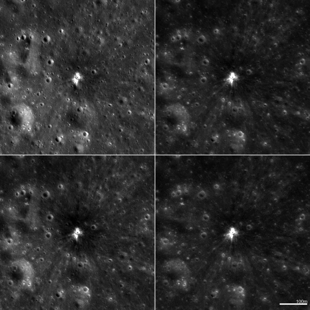 Čtyři různé snímky z NAC zobrazující nový kráter na Měsíci o průměru 18 metrů. Kráter vznikl 17. března 2013. Každý ze 4 obrázků zahrnuje plochu širokou 560 krát 560 metrů. Sever je nahoře. Kliknutím získáte obrázek v plném rozlišení. Zdroj: NASA/GSFC/Arizona State University.